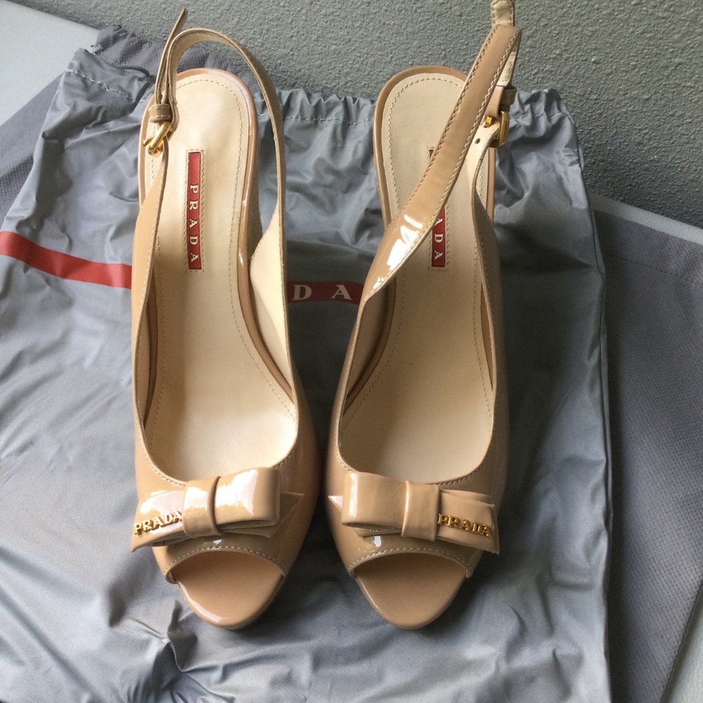 Prada Bow Wedges, Camel Patent Leather